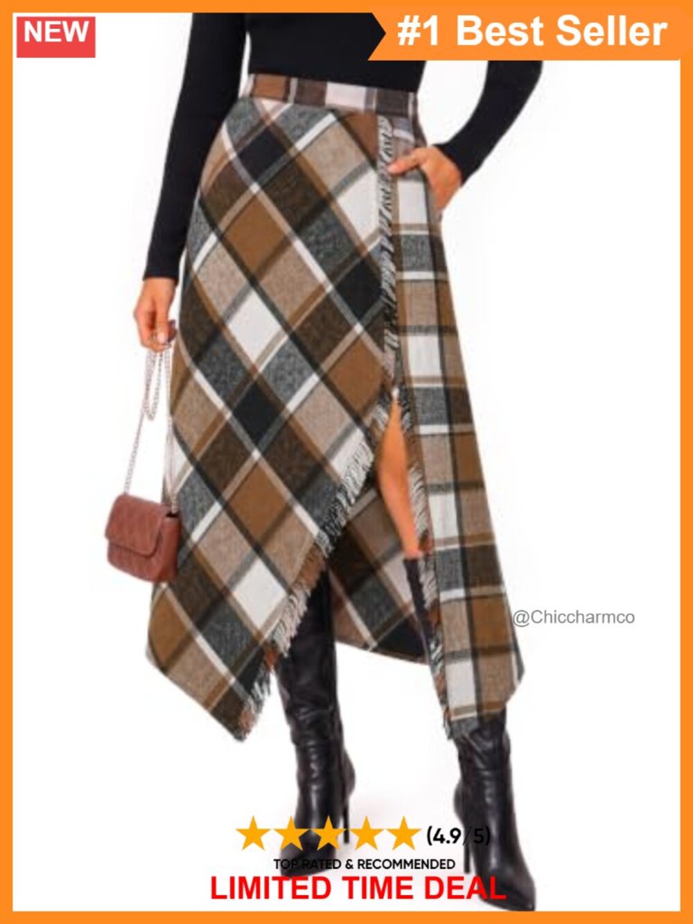 Plaid Wrap Midi Skirt High Waist Asymmetrical Hem Slit A-Line